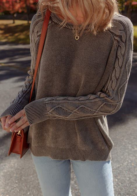 Dark Brown Contrast Cable Knit Sleeve Casual Sweater: Dark Brown / 100%Cotton