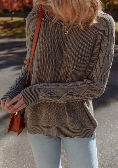 Dark Brown Contrast Cable Knit Sleeve Casual Sweater: Dark Brown / 100%Cotton