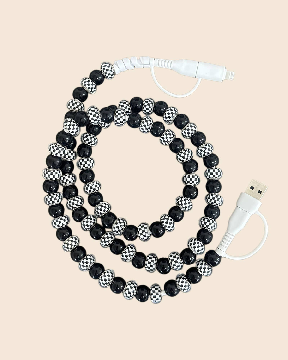 CHECKETBOARD BEADED PHONE CHARGING CABLE 4-IN-1