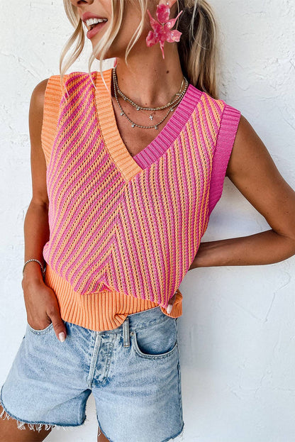 Strawberry Pink Contrast Chevron Knit V Neck Sweater Vest: Strawberry Pink / 100%Viscose