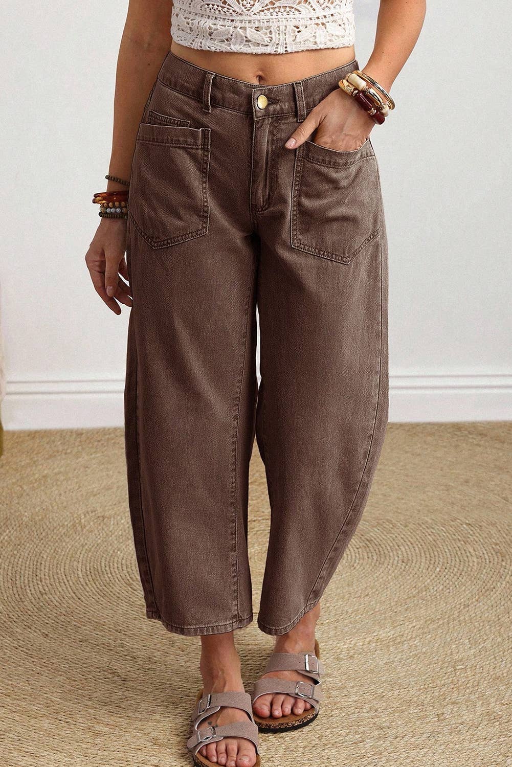 LDC Solid Square Patch Pocket Ankle-length Barrel Jeans: Coffee