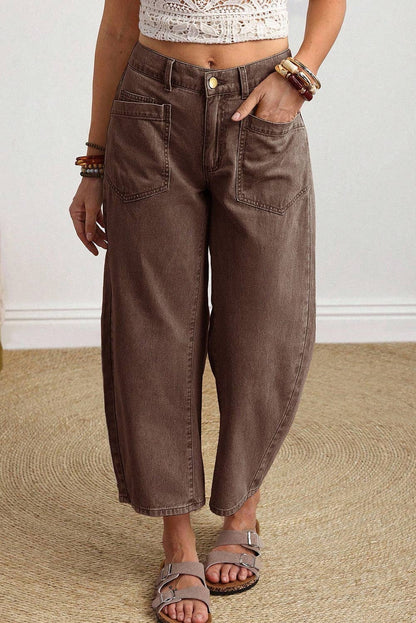 LDC Solid Square Patch Pocket Ankle-length Barrel Jeans: Coffee