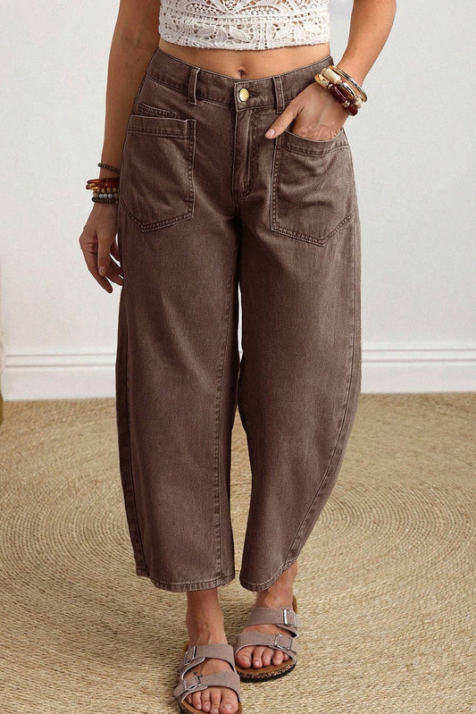LDC Solid Square Patch Pocket Ankle-length Barrel Jeans: Coffee