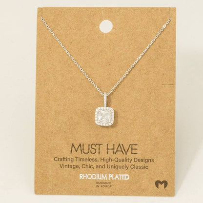 Gold Dipped Square Rhinestone Pendant Necklace: G