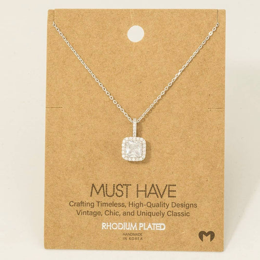 Gold Dipped Square Rhinestone Pendant Necklace: S