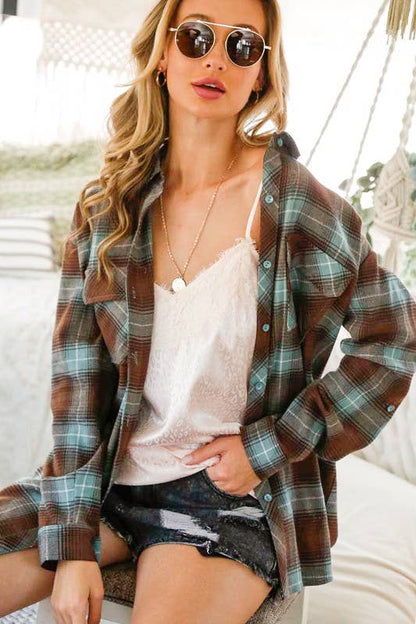 Collared Pocket Detail Roll-Up Cotton Plaid Shirt VT70146C: Misty Blue/Brown