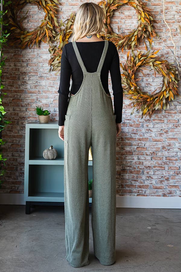 Rib Knit Wide Leg Adjustable Strap Overall Jumpsuit J5293: Olive