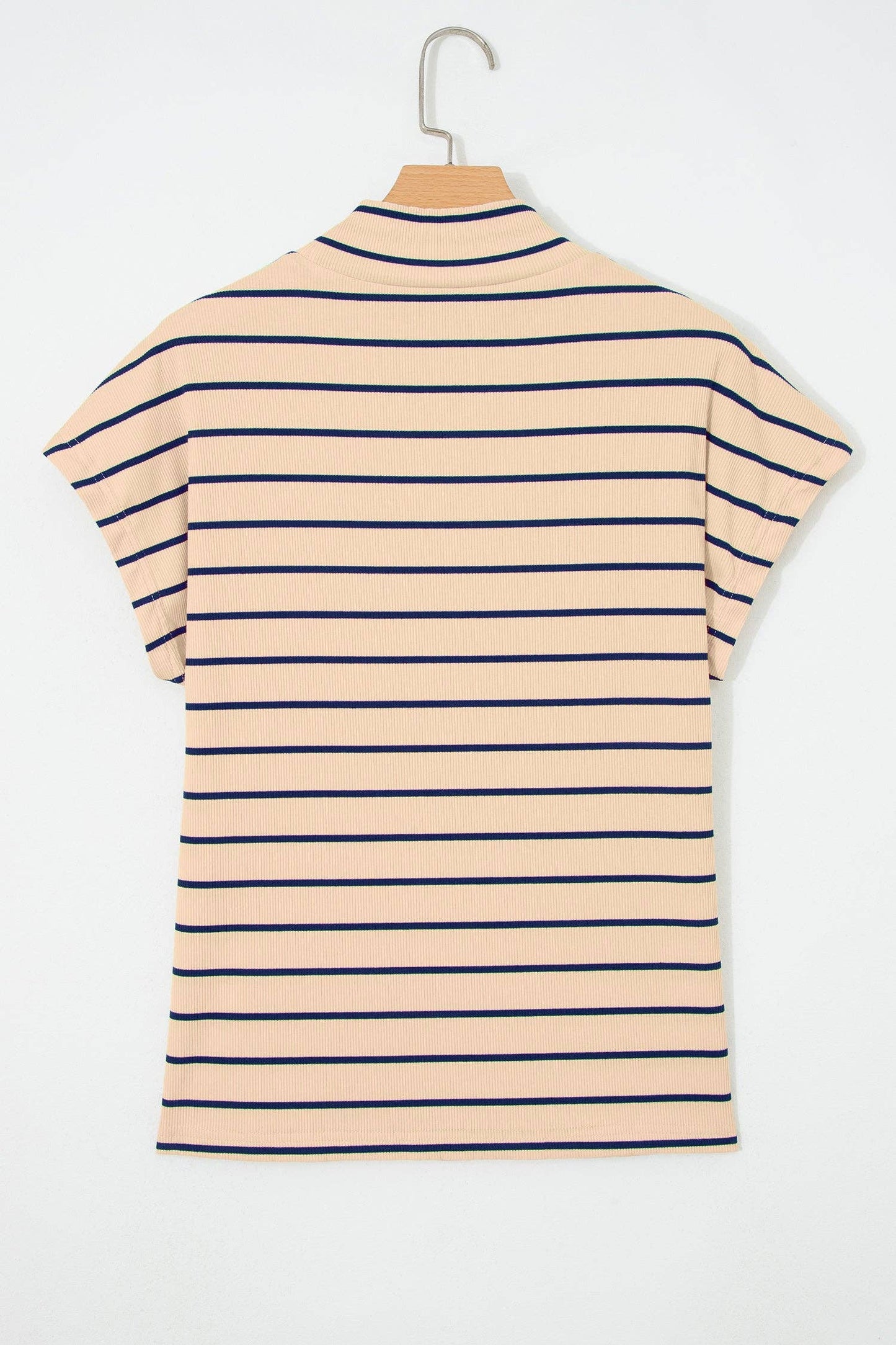 Khaki Stripe Mock Neck Short Sleeve Loose Top: Khaki Stripe / 95%Cotton+5%Elastane