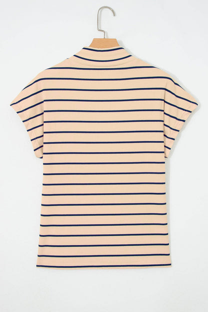 Khaki Stripe Mock Neck Short Sleeve Loose Top: Khaki Stripe / 95%Cotton+5%Elastane
