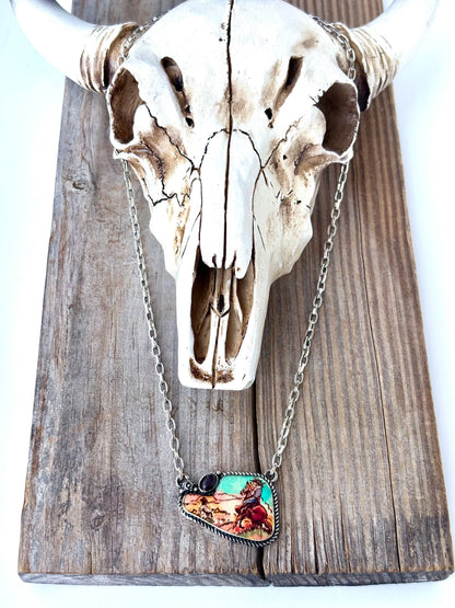 Western Rodeo Scenery with Stone Pendant Necklace: Black