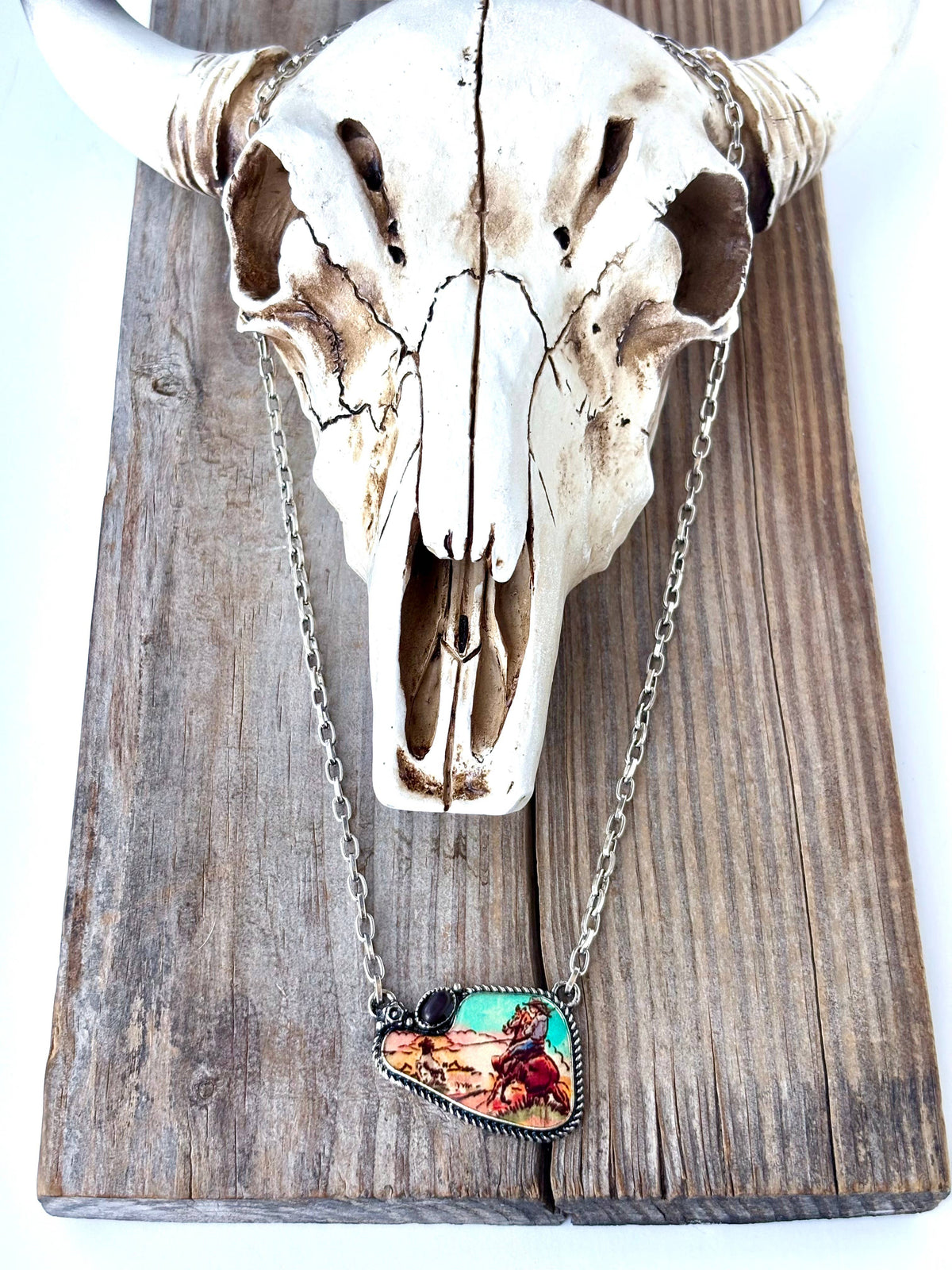 Western Rodeo Scenery with Stone Pendant Necklace: Black