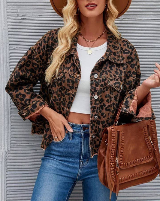 Fashion Retro Leopard Print Short Denim Jacket: Color
