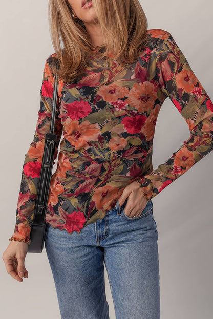 Floral Print Lettuce Trim Long Sleeve Mesh Top | S-XL: As shown / Missy / L