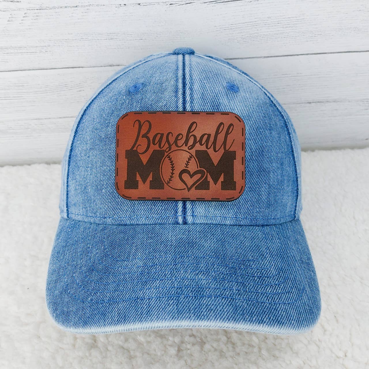 Denim Hat With Baseball Mom Leather Patch: Black denim