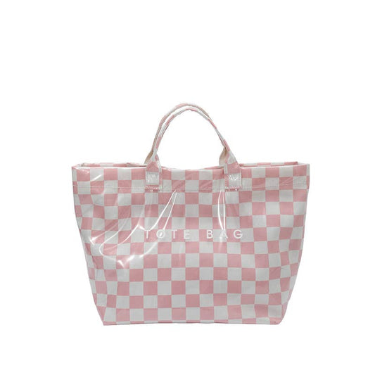 PVC Dot Tote Bag Checkered Striped Waterproof Beach Bag: CPink / M