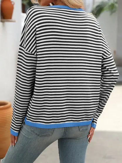 Pink Contrast Trimmed Striped Drop Shoulder Sweater: Black + Red  Add swatch / 30% Nylon +70% Acrylic