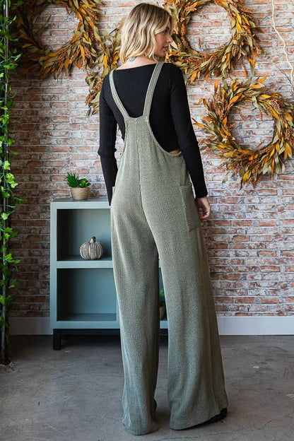 Rib Knit Wide Leg Adjustable Strap Overall Jumpsuit J5293: Olive