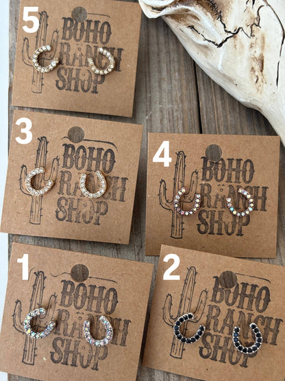 Dainty Western Style Horseshoe with Rhinestone Earrings: 2. Silver Black