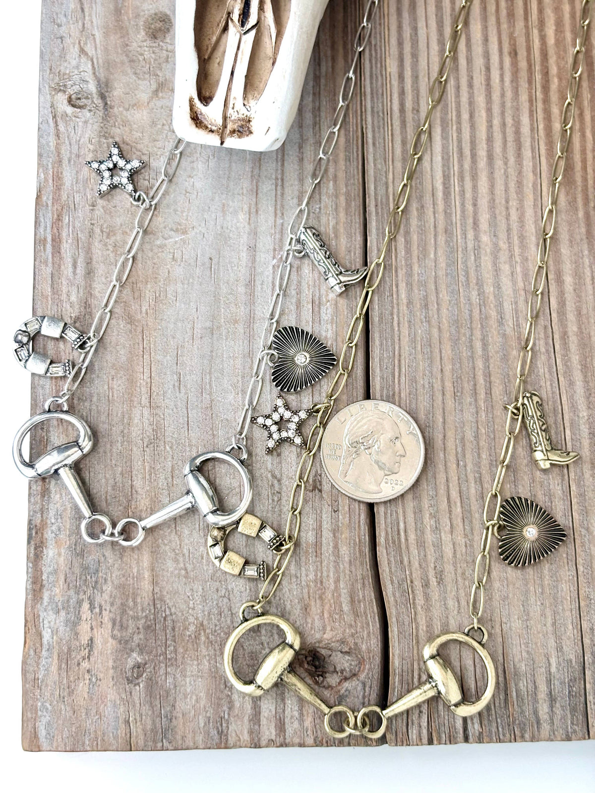 Western Charm & Horse Bit Pendant Necklace: Gold