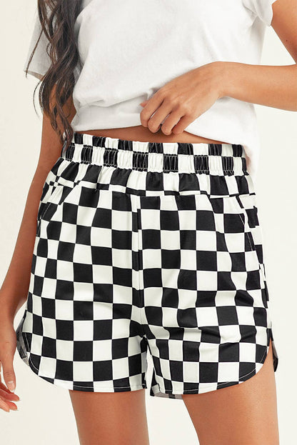LDC Checkered Print High Waist Casual Shorts: Black