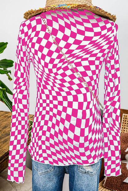 Western Checkered Pattern Mesh Mock Neck Long Sleeve Top: Rose / Missy