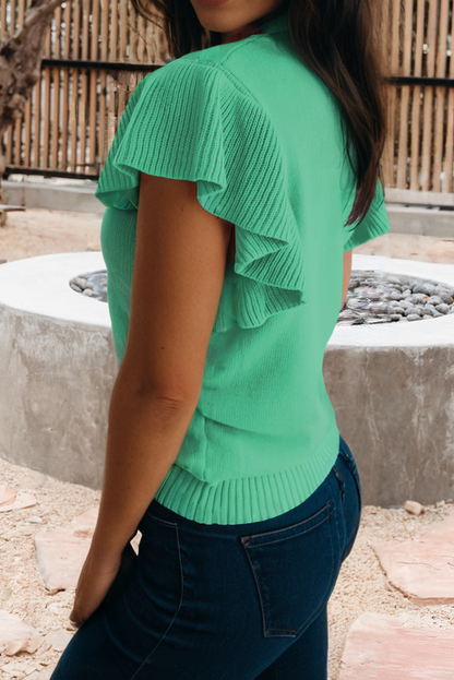 Ribbed Trim Ruffle Short Sleeve Sweater (S-4X): Bright Green