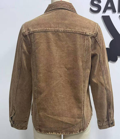 Classic lapel khaki denim jacket: Brown / L