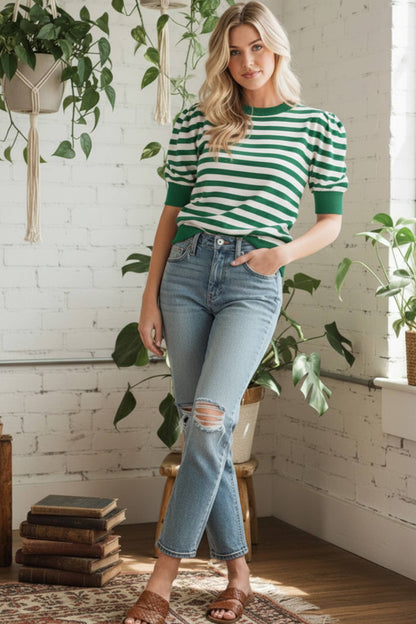 Striped Puff Sleeve Knit Sweater Top: GREEN/WHITE