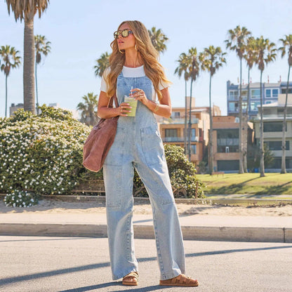 Denim Overall Wide Leg Jumpsuit With Pockets: Light Blue / 100%Polyester