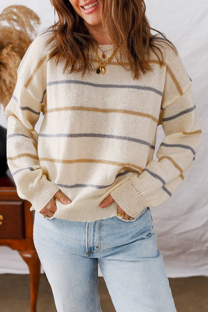 LDC Striped Ribbed Edge Drop Shoulder Sweater: Multi-Colored