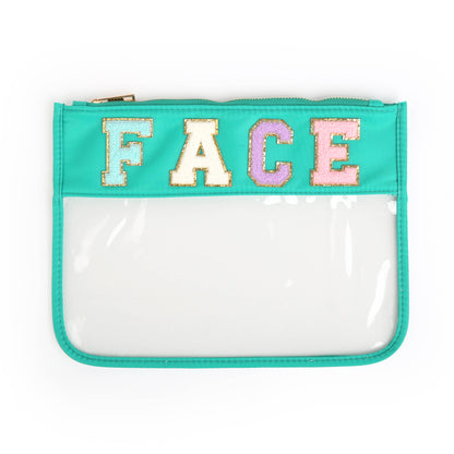 Varsity Letter Patch Clear Zippered Pouch Bag: White with TRAVEL