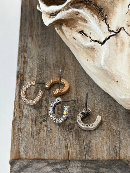 Dainty Western Style Horseshoe with Rhinestone Earrings: 1. Silver AB Clear