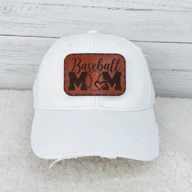 Denim Hat With Baseball Mom Leather Patch: Black denim