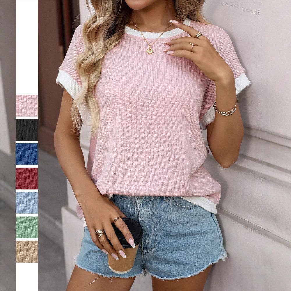 Colorblock Short Sleeve Knit Top for Summer Casual Wear: Pink / 65%Polyester  30%Viscose   5%Elastane