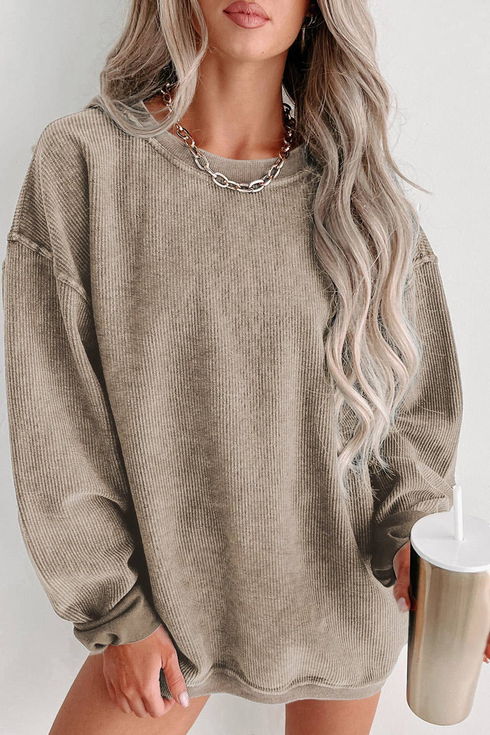 Custom Solid Ribbed Knit Round Neck Pullover Sweatshirt: Khaki / 100%Polyester