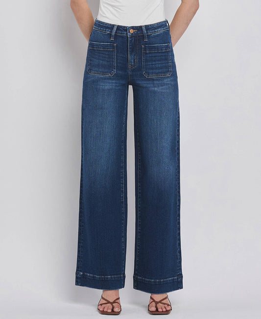 HIGH RISE PATCH POCKET TROUSER  HEM WIDE JEANS F5764D: DARK DENIM