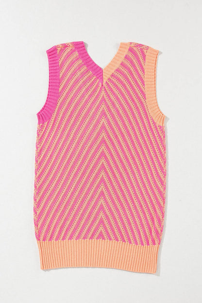 Strawberry Pink Contrast Chevron Knit V Neck Sweater Vest: Strawberry Pink / 100%Viscose