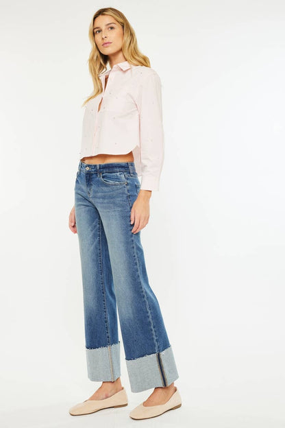 OPEN PACK MID RISE WIDE FLARE JEANS-KC78033D: DARK
