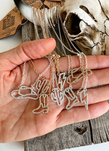 Western Dainty Silver gold Necklace - cowboy boots hat bow: COWBOY HAT - GOLD
