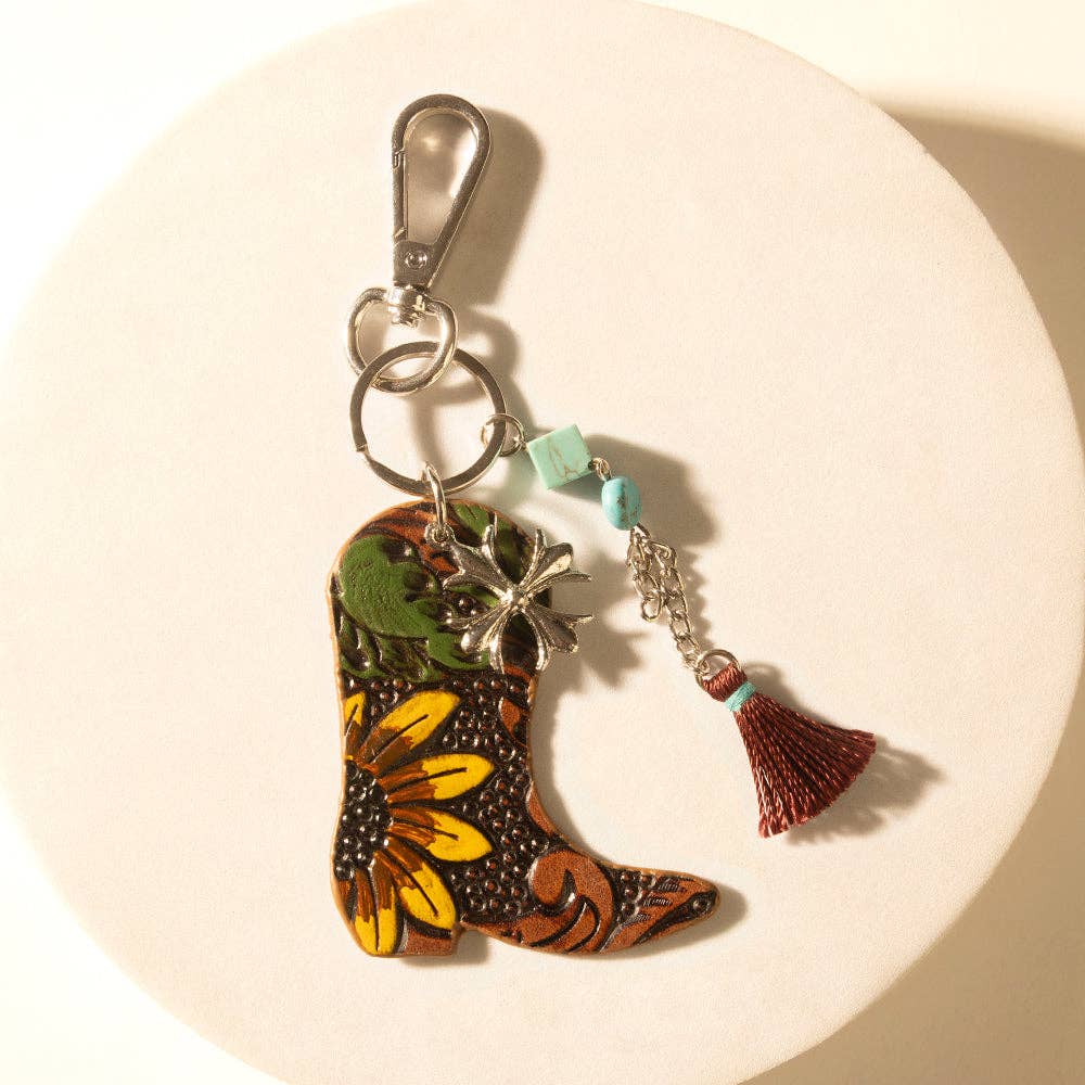 Southern Bloom Boot Handtooled Leather Key Fob in Amber Aqua: Amber Aqua