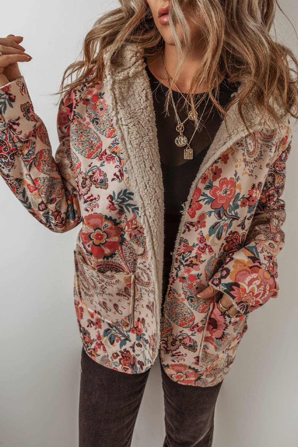 LDC Vintage Paisley Floral Sherpa Lined Hooded Jacket: Beige