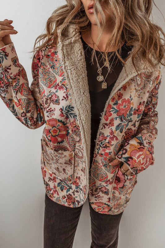LDC Vintage Paisley Floral Sherpa Lined Hooded Jacket: Beige