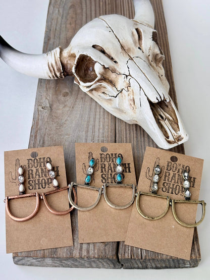 Western Horsebit Stone & Rhinestone Post Drop Earrings: Gold