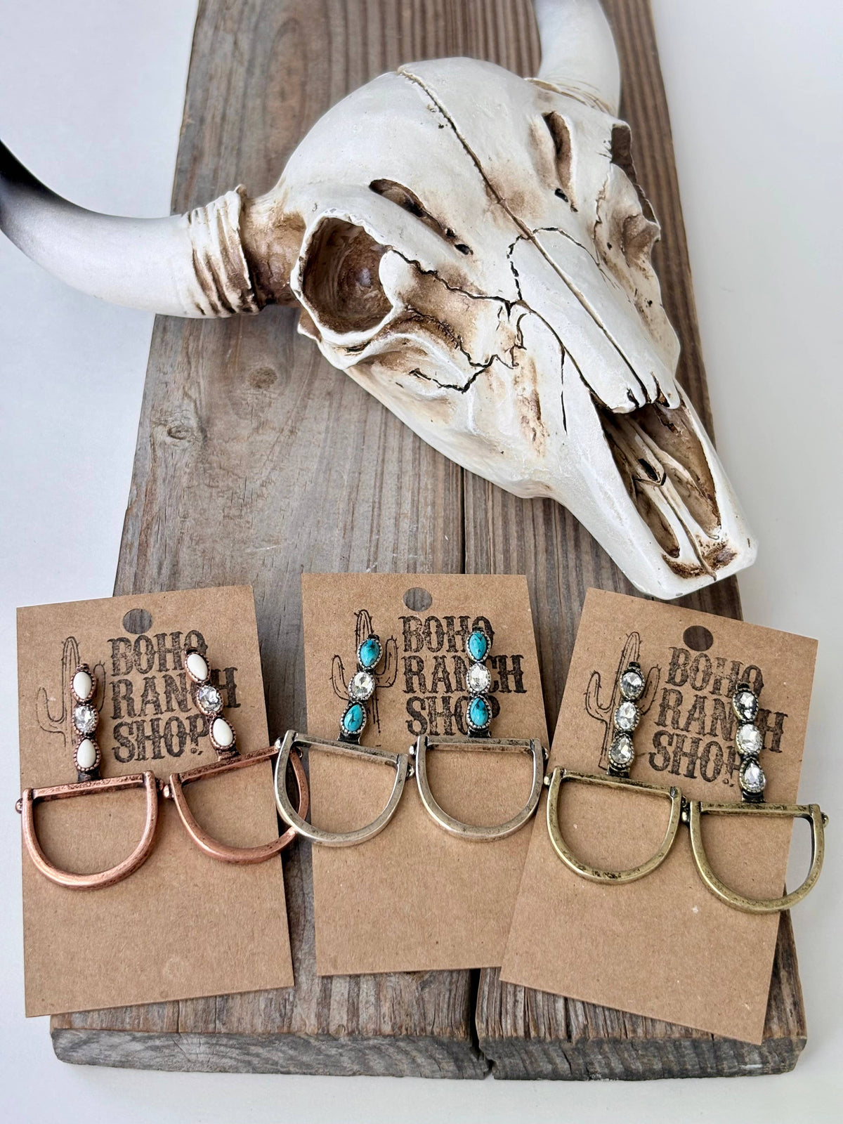 Western Horsebit Stone & Rhinestone Post Drop Earrings: Silver