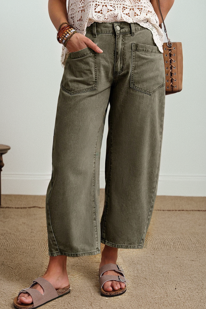 LDC Solid Square Patch Pocket Ankle-length Barrel Jeans: Four Leaf Clover