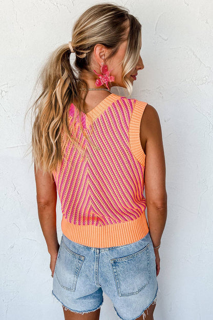 Strawberry Pink Contrast Chevron Knit V Neck Sweater Vest: Strawberry Pink / 100%Viscose