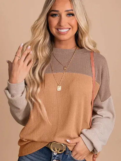 Khaki Block Long Sleeve Ribbed Loose Casual Top: Khaki / 75%Polyester+20%Viscose+5%Elastane