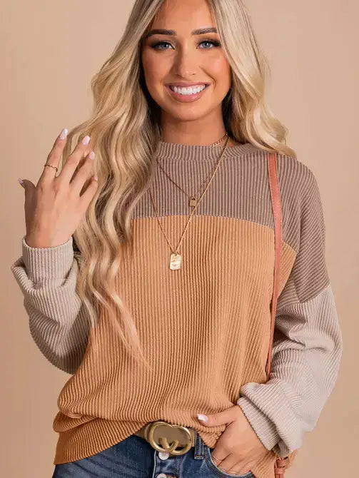 Khaki Block Long Sleeve Ribbed Loose Casual Top: Khaki / 75%Polyester+20%Viscose+5%Elastane