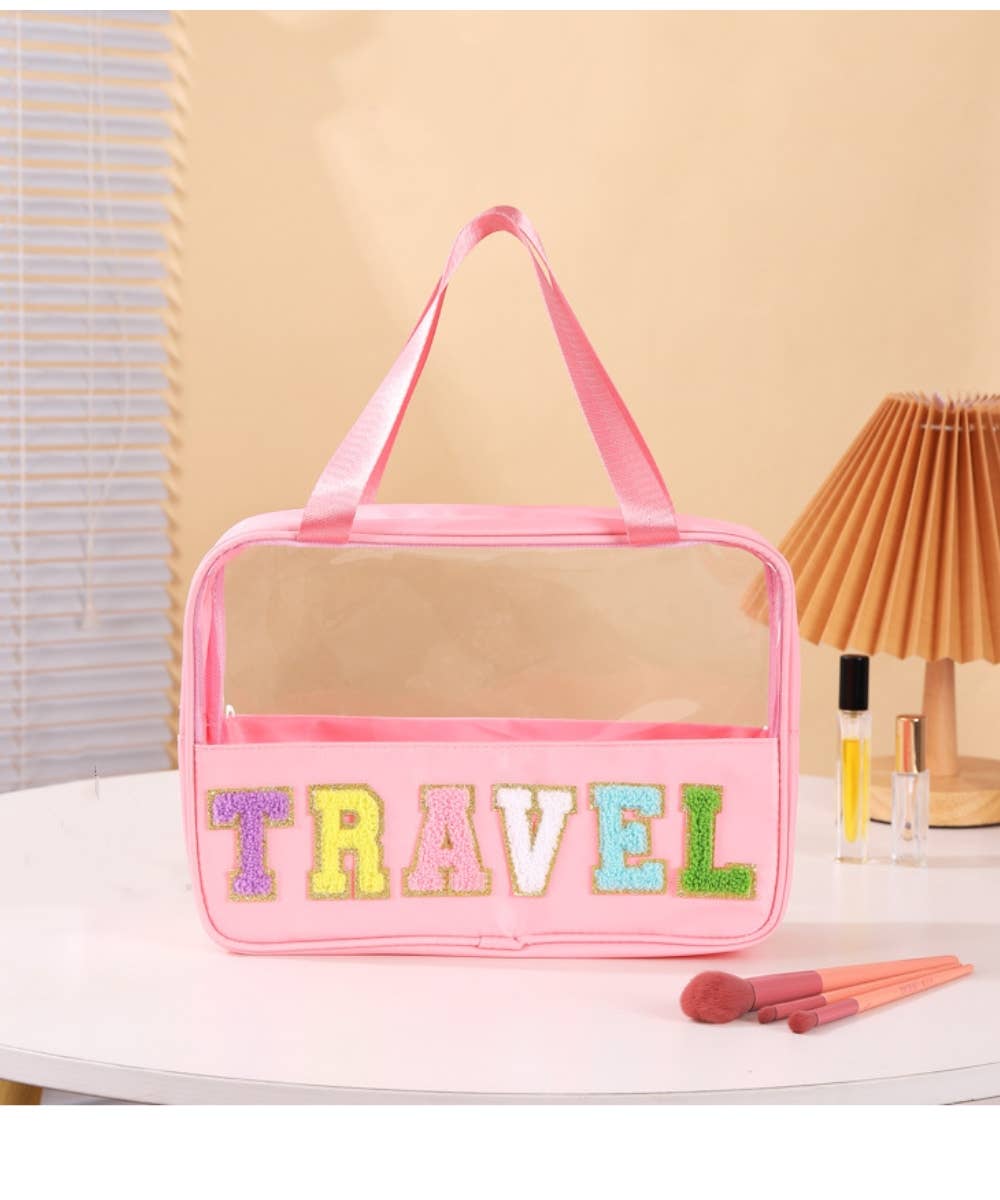 TRAVEL LETTER CLEAR MAKEUP BAG : Pink