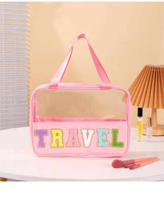 TRAVEL LETTER CLEAR MAKEUP BAG : Pink